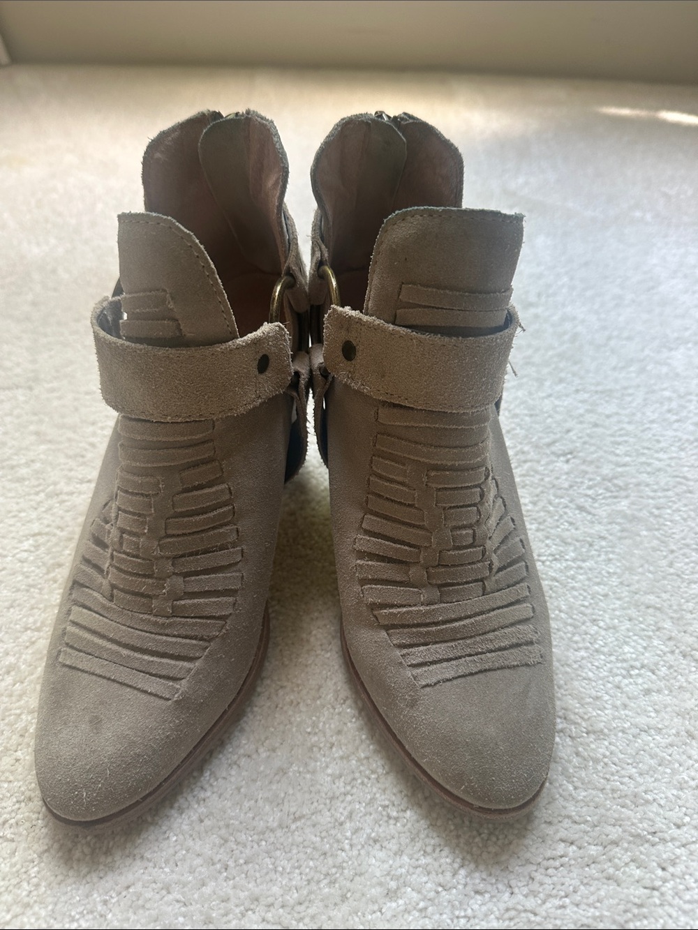 Seychelles Taupe Suede Ankle Booties with Strap & Ring Detail